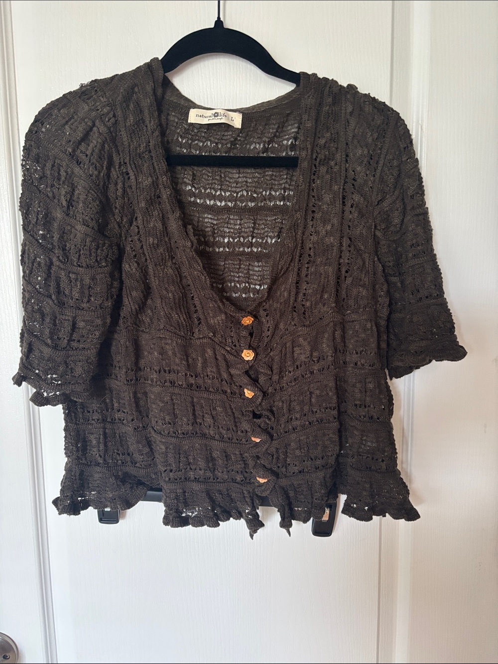 NATURAL LIFE Olive Crochet Button-Front Women's Top